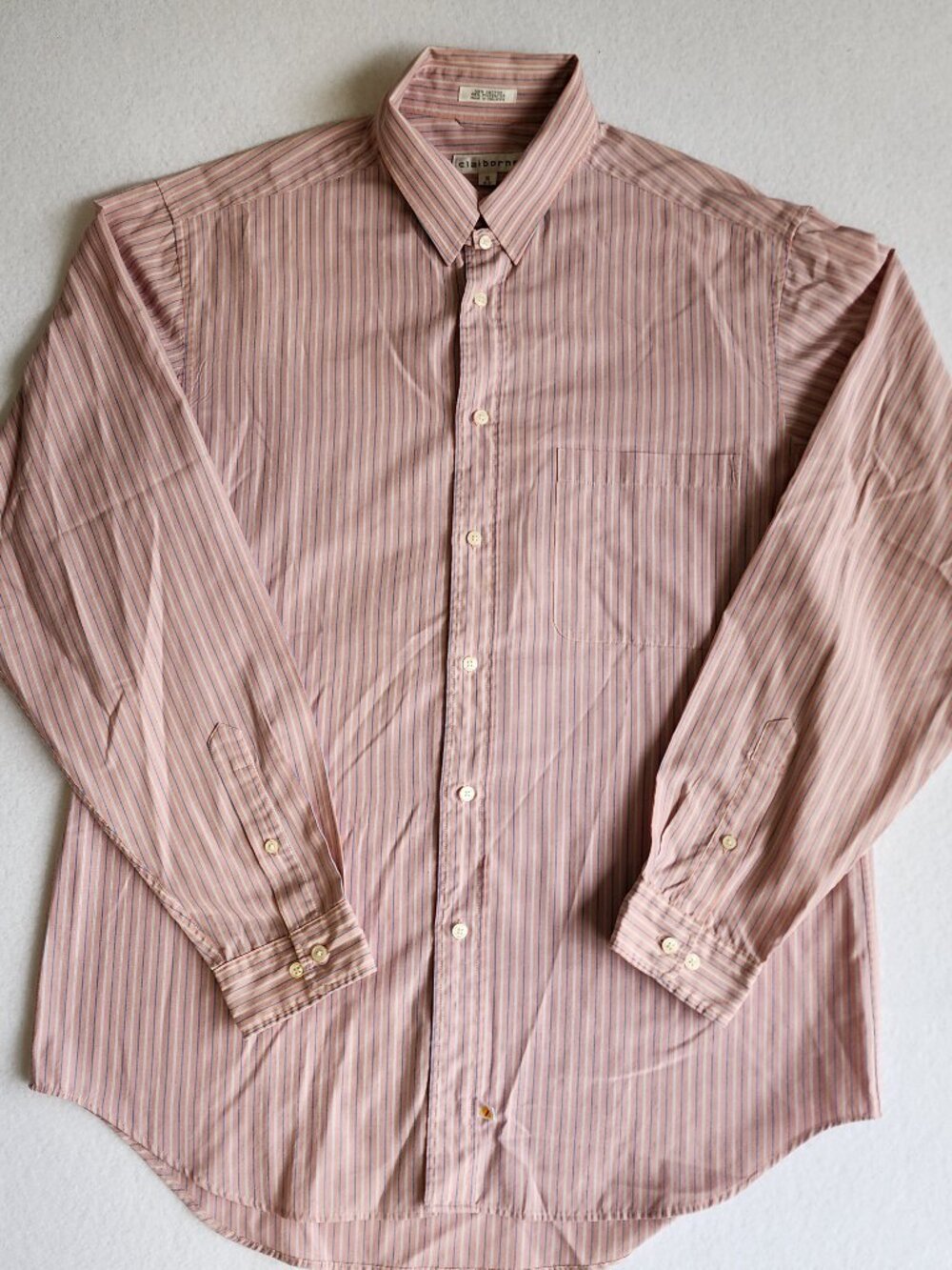 Claiborne Men’s 16 34-35 Striped Long Sleeve Button Down Shirt Orange Blue